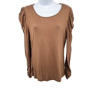 June & Hudson Puff Ruched Sleeve Solid Long Sleeve T-Shirt Top